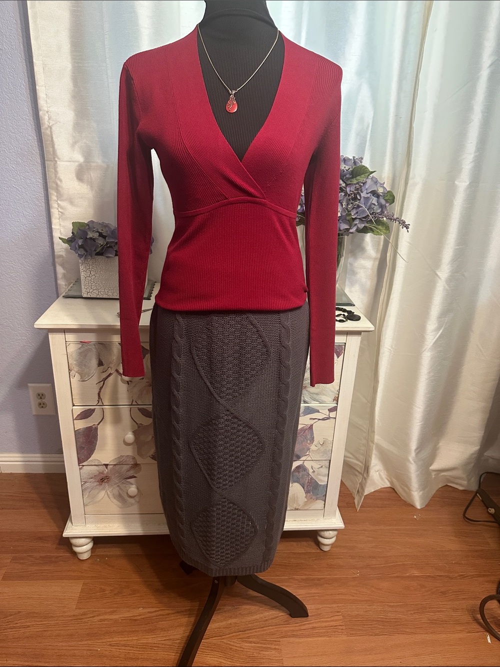 Charcoal Grey Cable Knit Midi Skirt